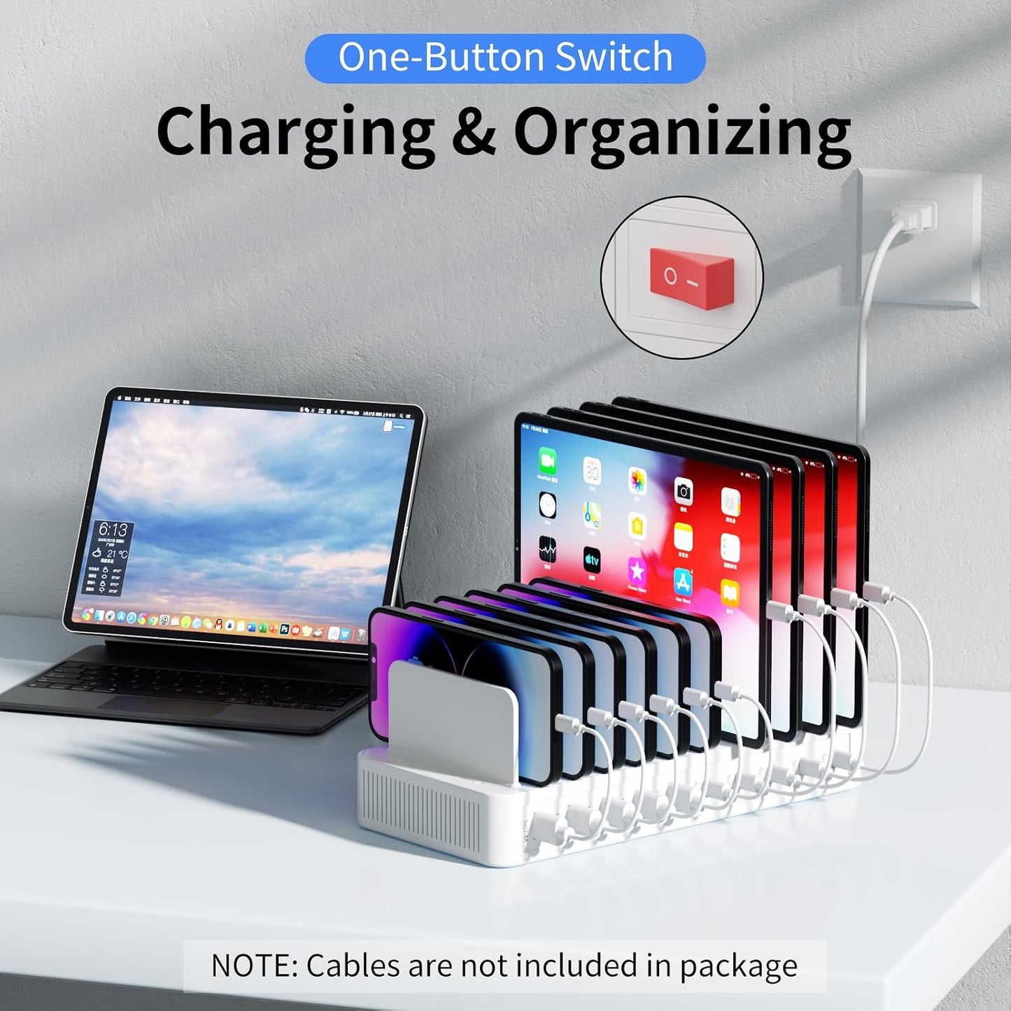 60W Charging Station for Multiple Devices, 10-Port USB Fast Charger | Device Organizer Charging Dock with 10 Mixed Charging Cable & Adjustable Dividers for iPhone, Android, iPad, Tablets & More