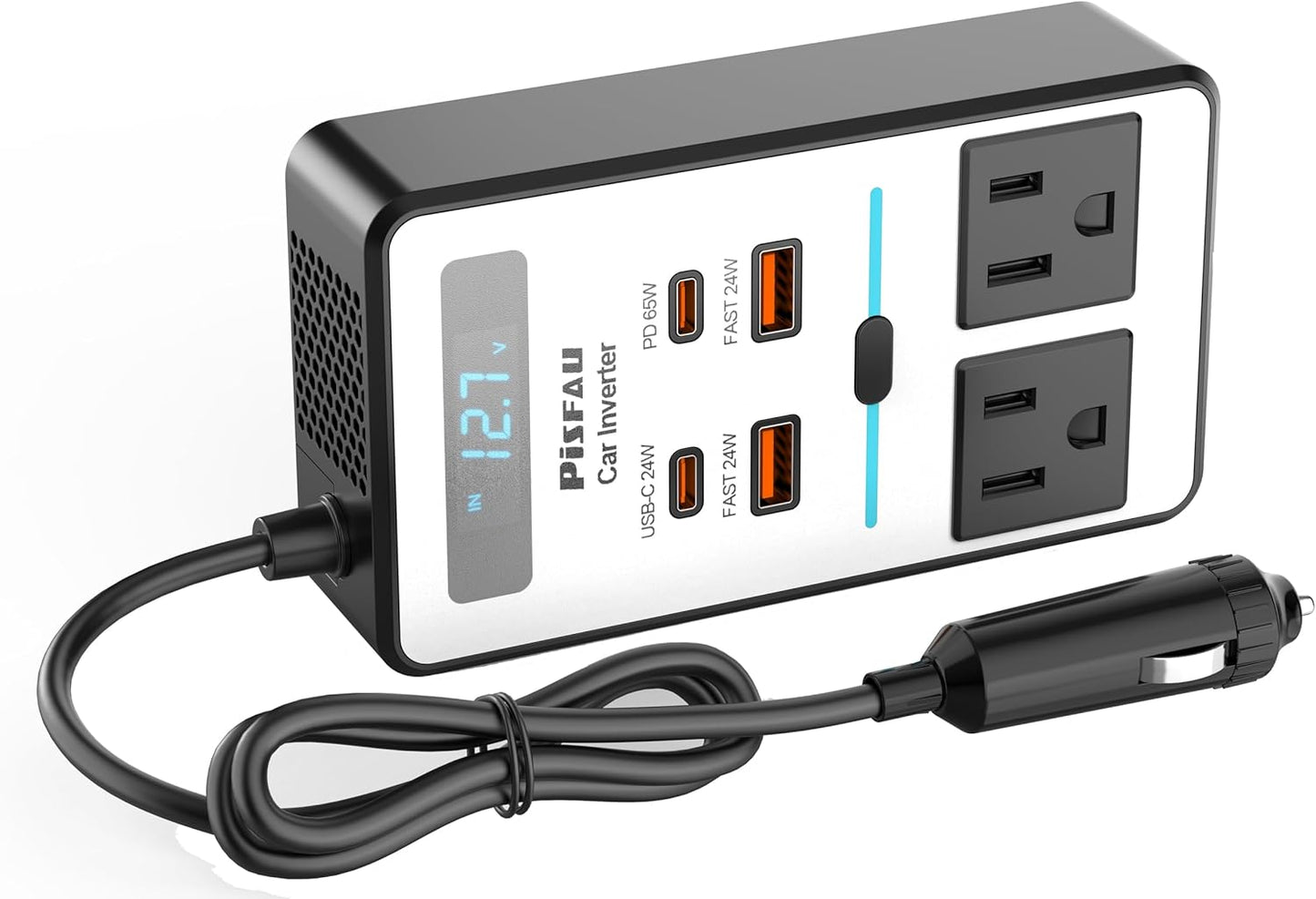200W Car Power Inverter, PiSFAU DC 12V to 110V AC Car Plug Adapter Outlet with [20W USB-C] /USB-Fast Charger(18W) / 4.8A Dual USB/car Charger for Laptop