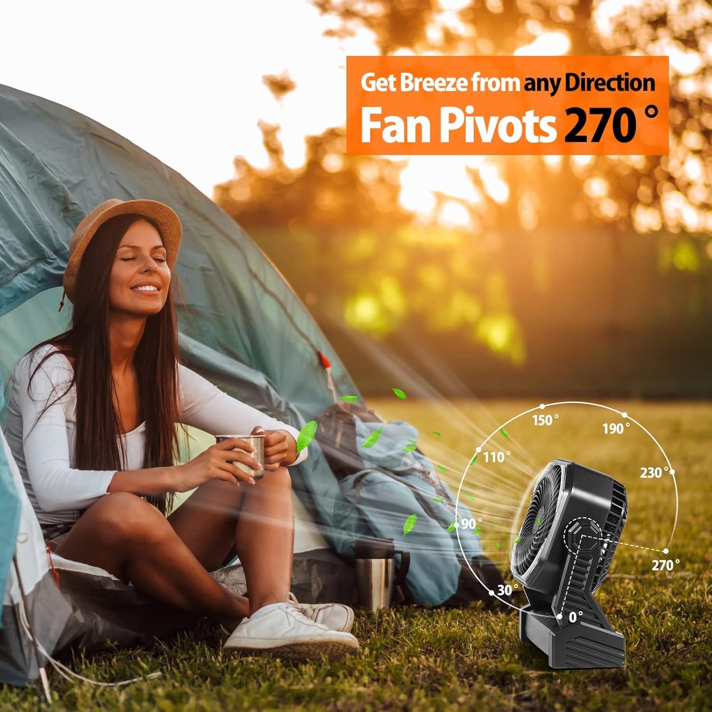 20000mAh Battery Powered Camping Fan, 58Hrs Rechargeable Portable Fan, 400LM Light, 360° Hook, Whisper Quiet Battery Operated Fan for Outdoor Car Travel Gear Essentials Power Outages Co-brand AMACOOL
