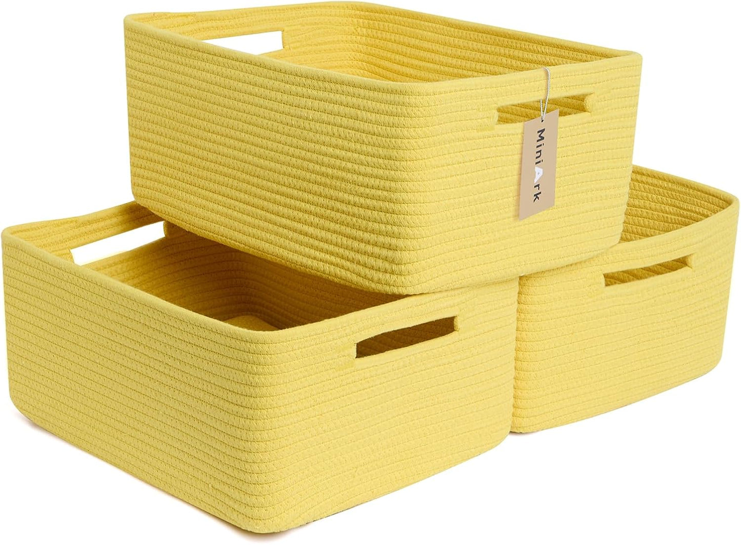 MiniArk Large Storage Baskets for Shelves, 17 x 13 x 7.5” Closet Organizers Bins for Clothes Blanket Towels, Baby Nursery, Toy Baskets Box, Woven Rope Baskets, 3 Packs Yellow