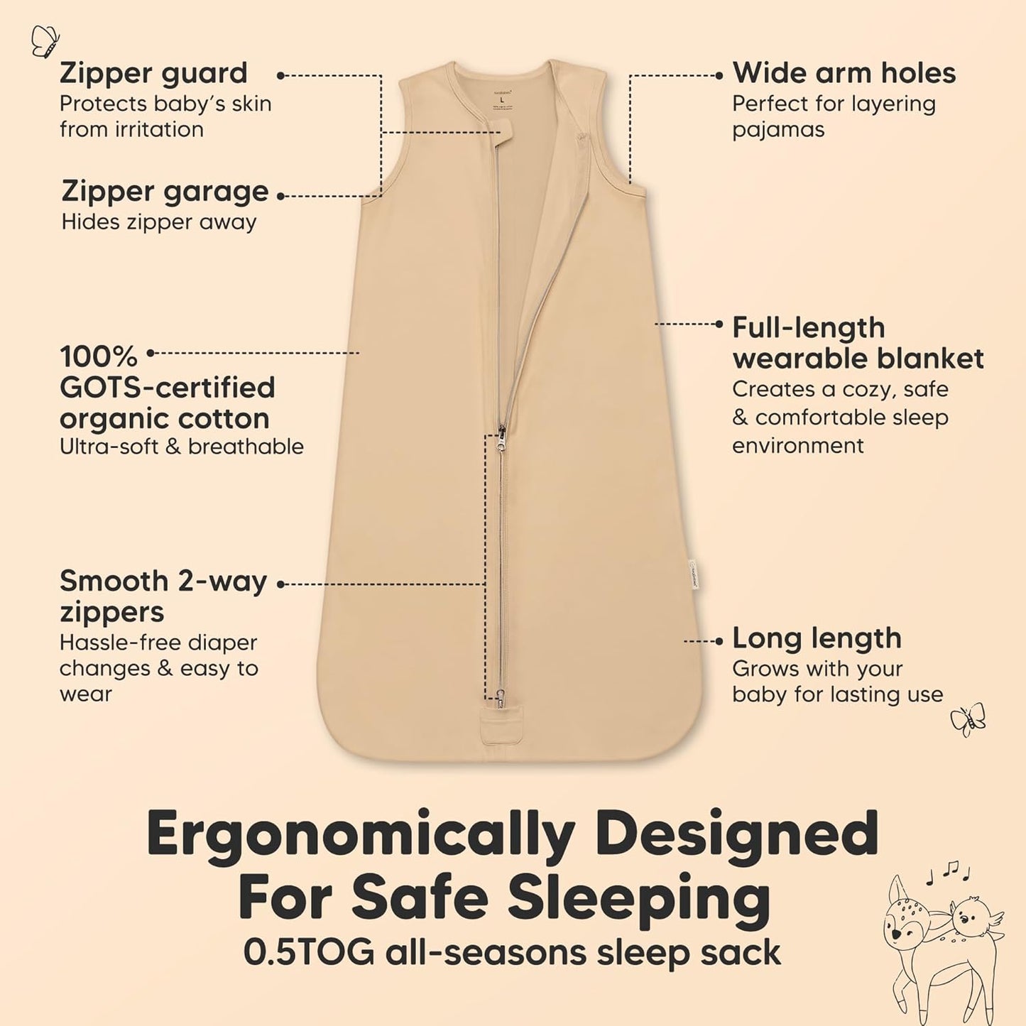 2-Pack Baby Sleep Sacks,Zipper Wearable Blanket - 0.5TOG Organic Cotton,Lightweight,Soft Cozy Toddler Sleeping Sack 6-12 months,Easy to Wear Large Newborn Transition Swaddles Sleepsacks(Toasty, M)