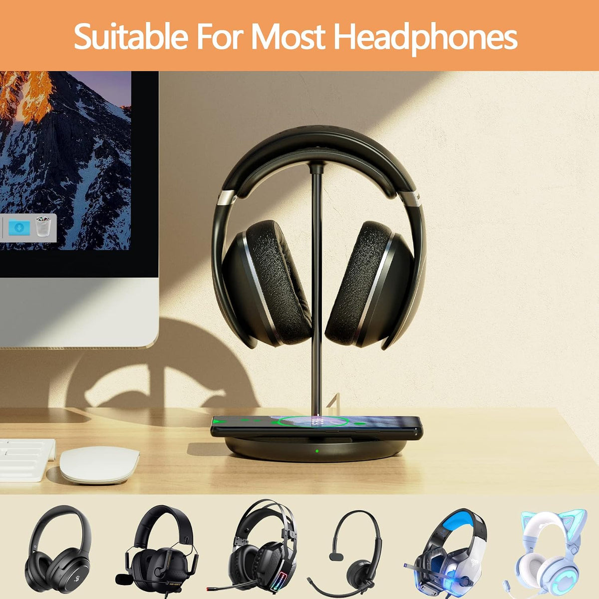 Hiwe Headphone Stand with Wireless Charger, Headset Holder for Desktop