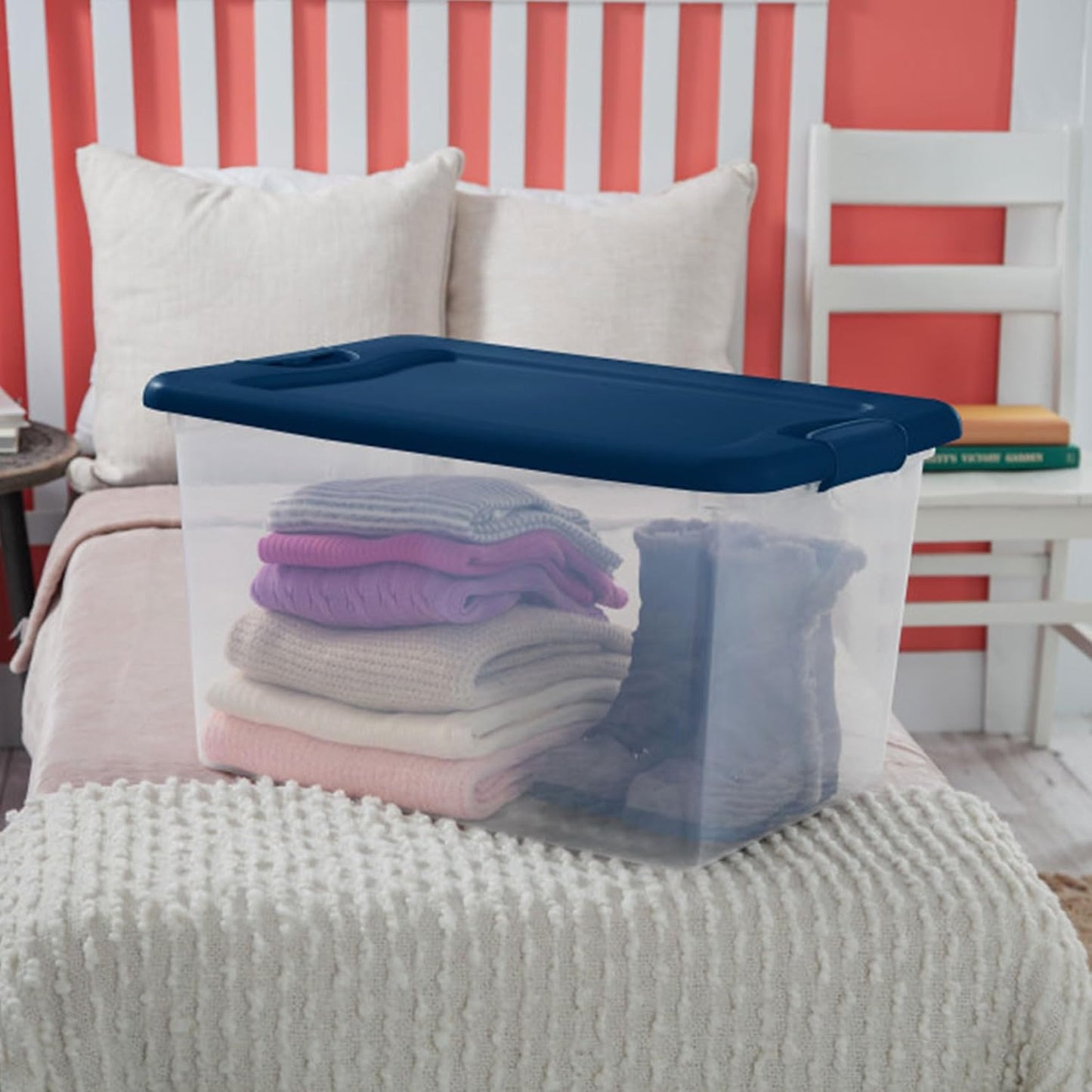 Sterilite Color Program, Large Clear Plastic Storage, 64 Quart, 6-Pack | Clear Bins with Blue Lids - Stackable Organizing Container Boxes for Closet, Bathroom, and Office