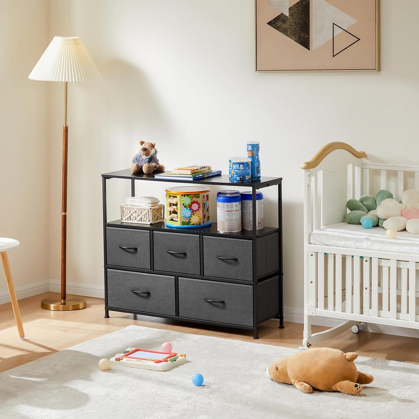 DUMOS TV Stand, Dresser with 5 Fabric Storage Drawers, Media Console Featuring Open Shelf for TV, Compact Entertainment Unit for Bedroom, Living Space, or Dorm Organization, Grey