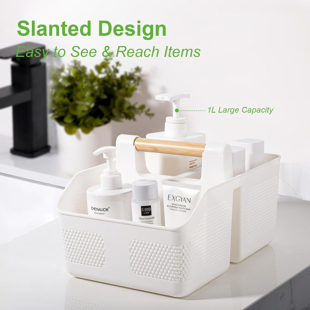 rejomiik Shower Caddy Portable with Bamboo Handle, Plastic Basket Cleaning Caddy Organizer Storage Tote for Bathroom, College, Dorm Room Essentials, White