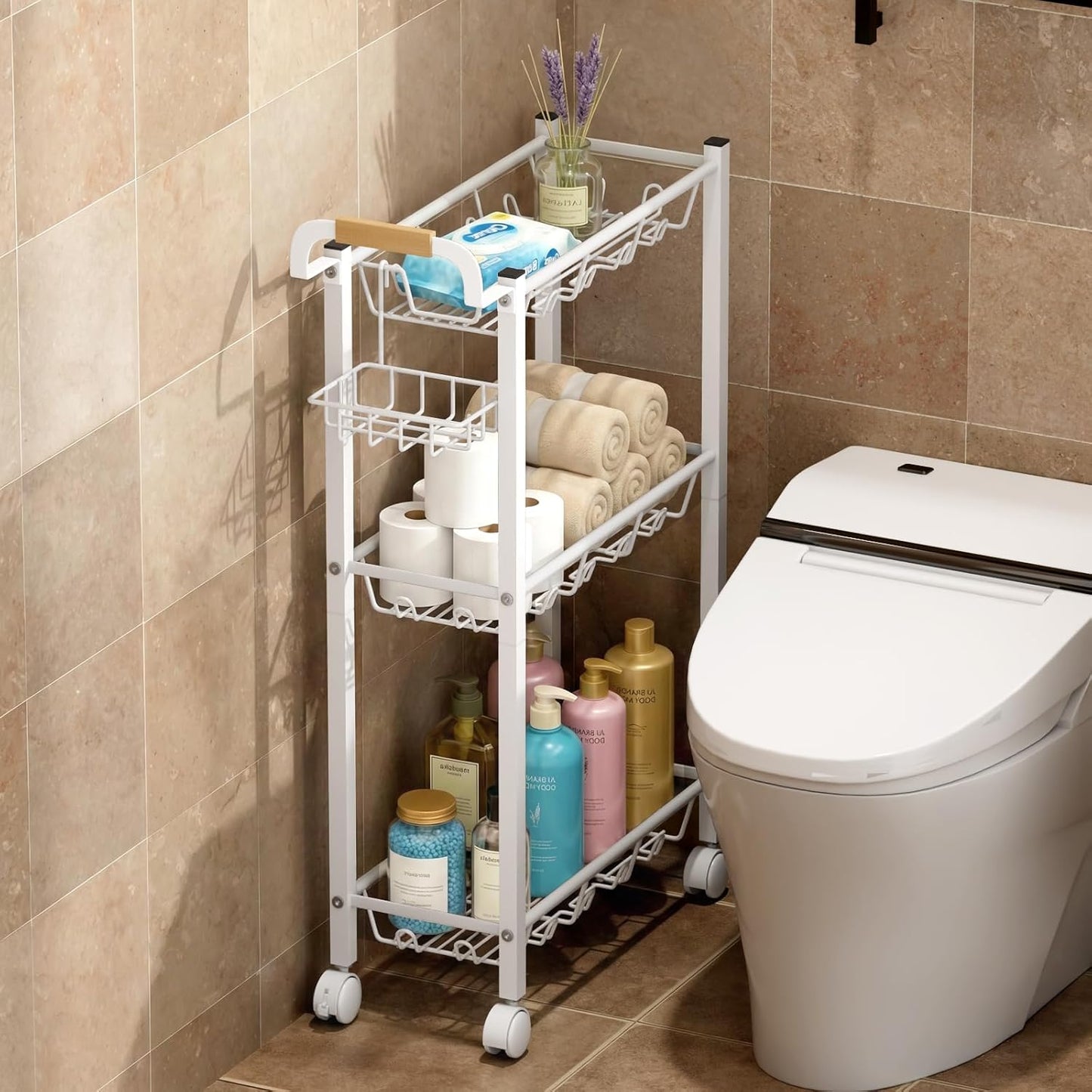 AOODA Laundry Room Cart with Top Detergent Holder, Metal Rolling Storage Cart Between Washer and Dryer, 3 Tier Narrow Laundry Room Organization and Storage with Wheels (White)