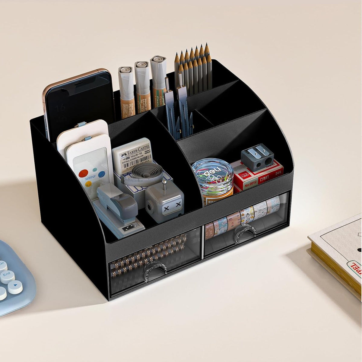 COMFYROOM Desk Organizer with 6 Compartments and 2 Drawers, Plastic Makeup Organizer, Pen Holder for Desktop Storage, Desk Organization for School, Home, Office Supplies Black-2Pack