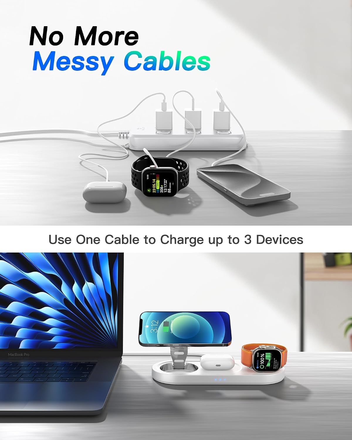 Foldable 3 in 1 Wireless Charging Station for Apple Mag-Safe Charger Stand | Fast Magnetic Wireless Charger Station for iPhone 17 Air 16 15 14 13 12, Apple Watch, AirPods Pro/4/3/2, and More (White)