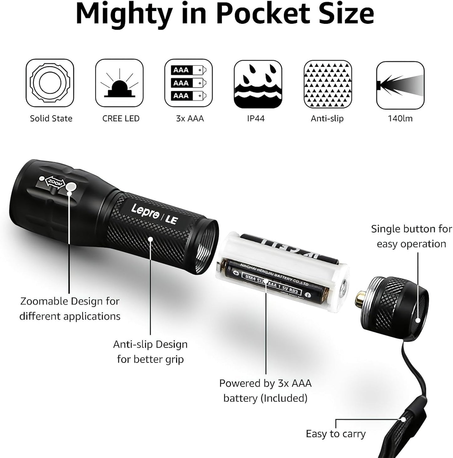 Lighting EVER LED Flashlights High Lumens, Small Flashlight, Waterproof, Adjustable Focus Flash Light for Outdoor, Emergency, Camping, AAA Batteries Included, 2 Pack