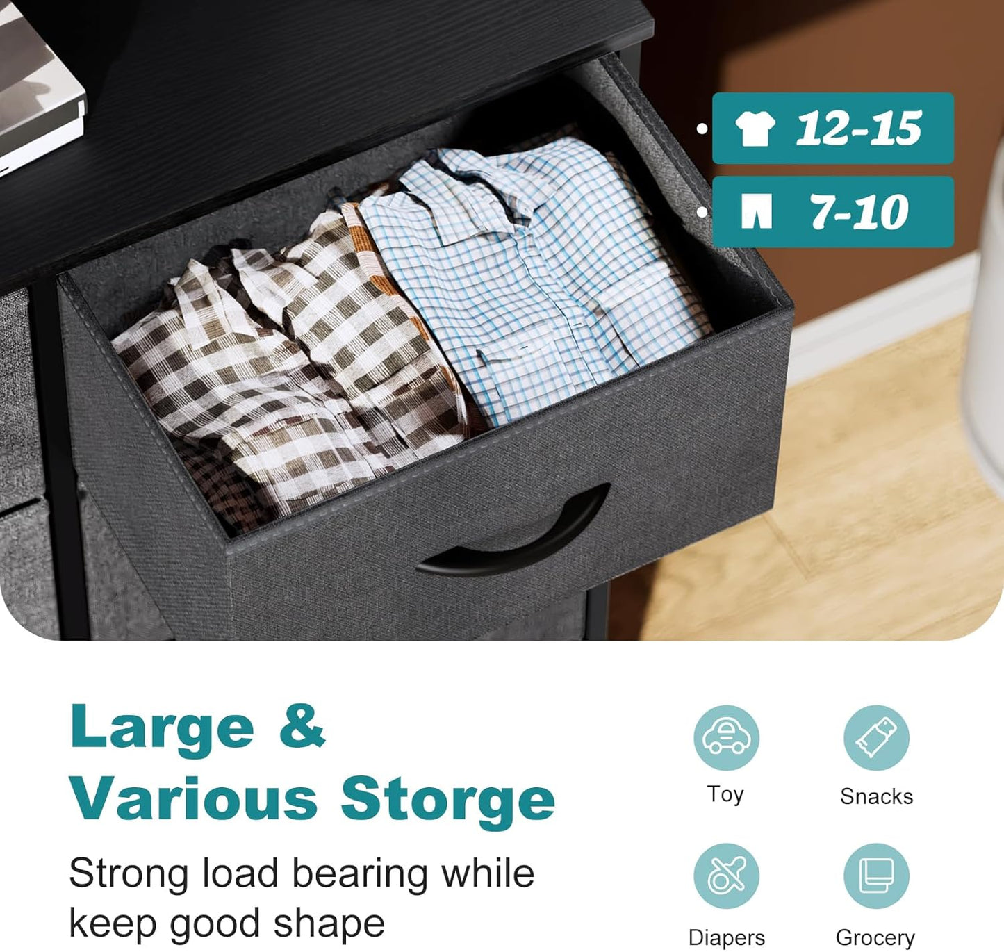 OLIXIS 8 Drawer Storage Dresser with Wood Top - Wide Fabric Chest Organizer for Bedroom, Closet, Living Room,Tower Cabinet, TV Stand, Hallway Entryway Furniture,Grey