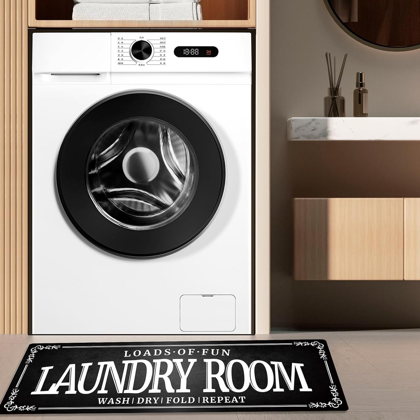 Non-Slip Rubberback Laundry Room Rug Runner 20''x47'' - Kitchen Farmhouse Decor Floor Laundry Mats for Mudroom and Bathroom Carpet Machine Washable Waterproof, Black