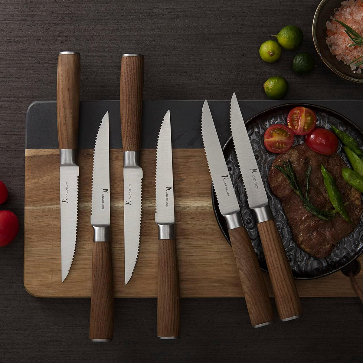 kangdelun Ultra Sharp 8-Piece Steak Knife Set, 4.5" Serrated Blades, 50Cr15MoV High-Carbon Stainless Steel, Torrefied Brown Ash Wood Handles, Magnetic Gift Box