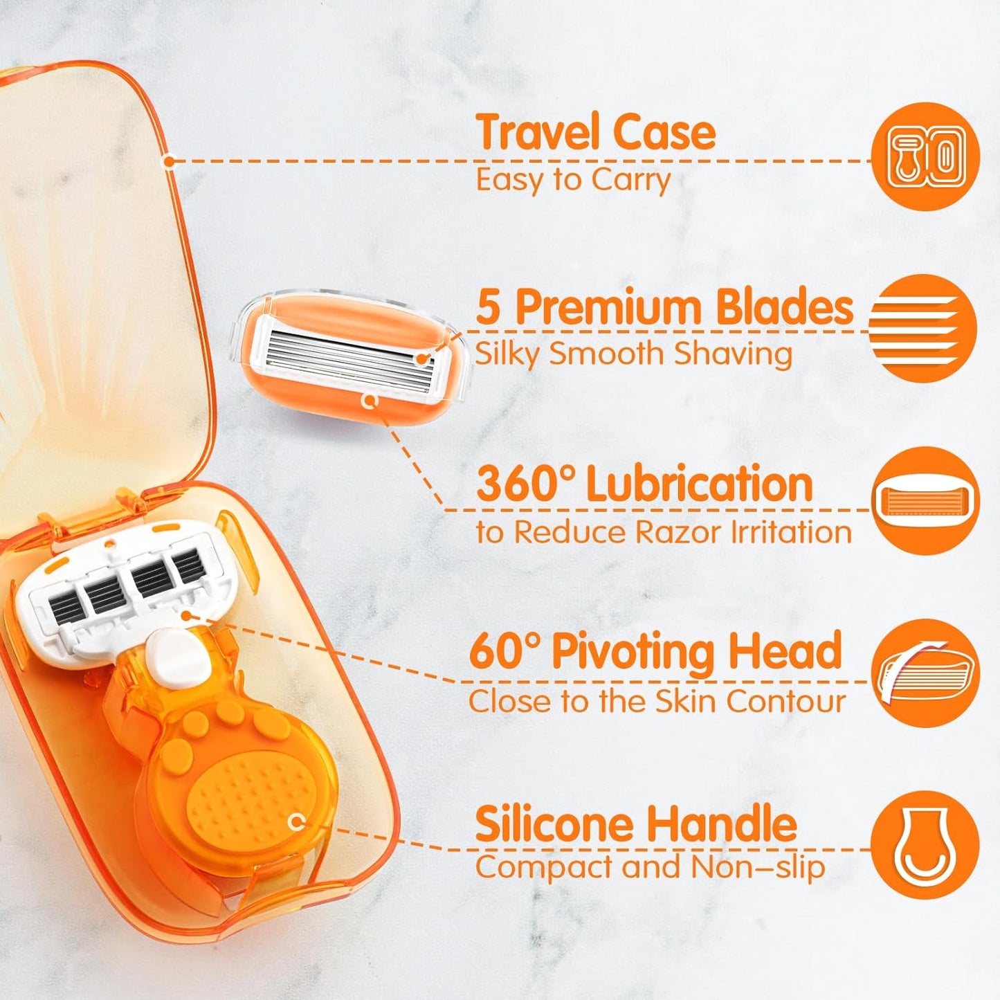 DreamGenius Travel Razors for Women Include 1 Handle and 5 Cartridges, Extra Smooth 5-Blade Travel Essentials Razor with Case for Shaving, Orange