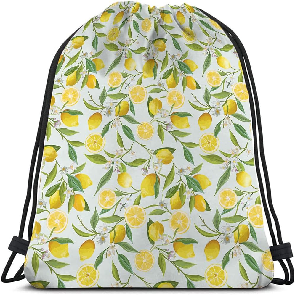 Lemon Drawstring Bags Summer Lemon Fruits Tree Branches Leaves White Little Flower Yellow Green Sport Gym Sack Drawstring Backpack for Men Women