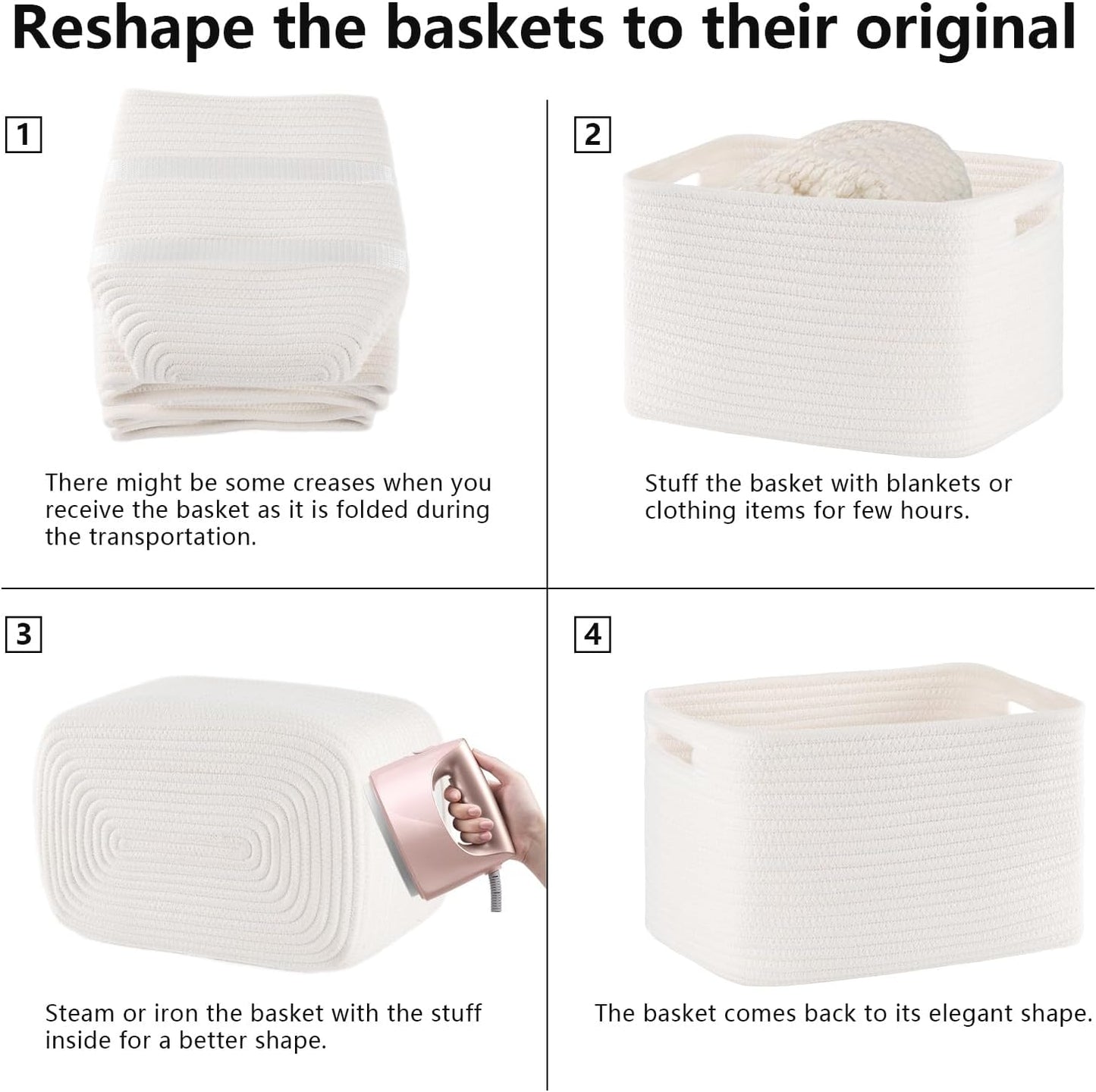 4 Pack Storage Baskets for Organizing Toys, Towels, and Clothes, Woven Basket for Shelves, Sturdy Nursery Cube Bins for Storage, 13''L x9''W x7.8''H, White