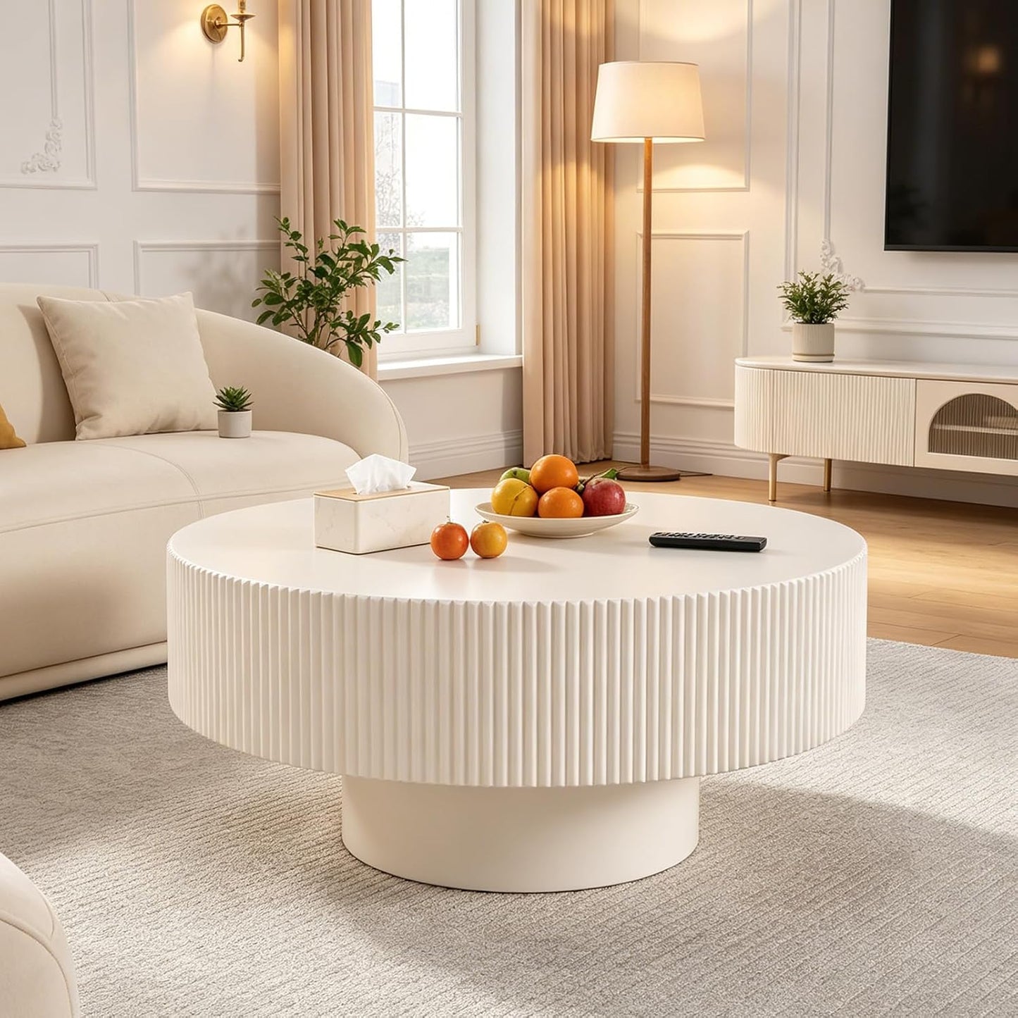 30.9" Round Drum Fluted Coffee Table (A) | Mid-Century Modern, Easy Assembly, Sturdy Pedestal, Center Tables for Apartment Living Room