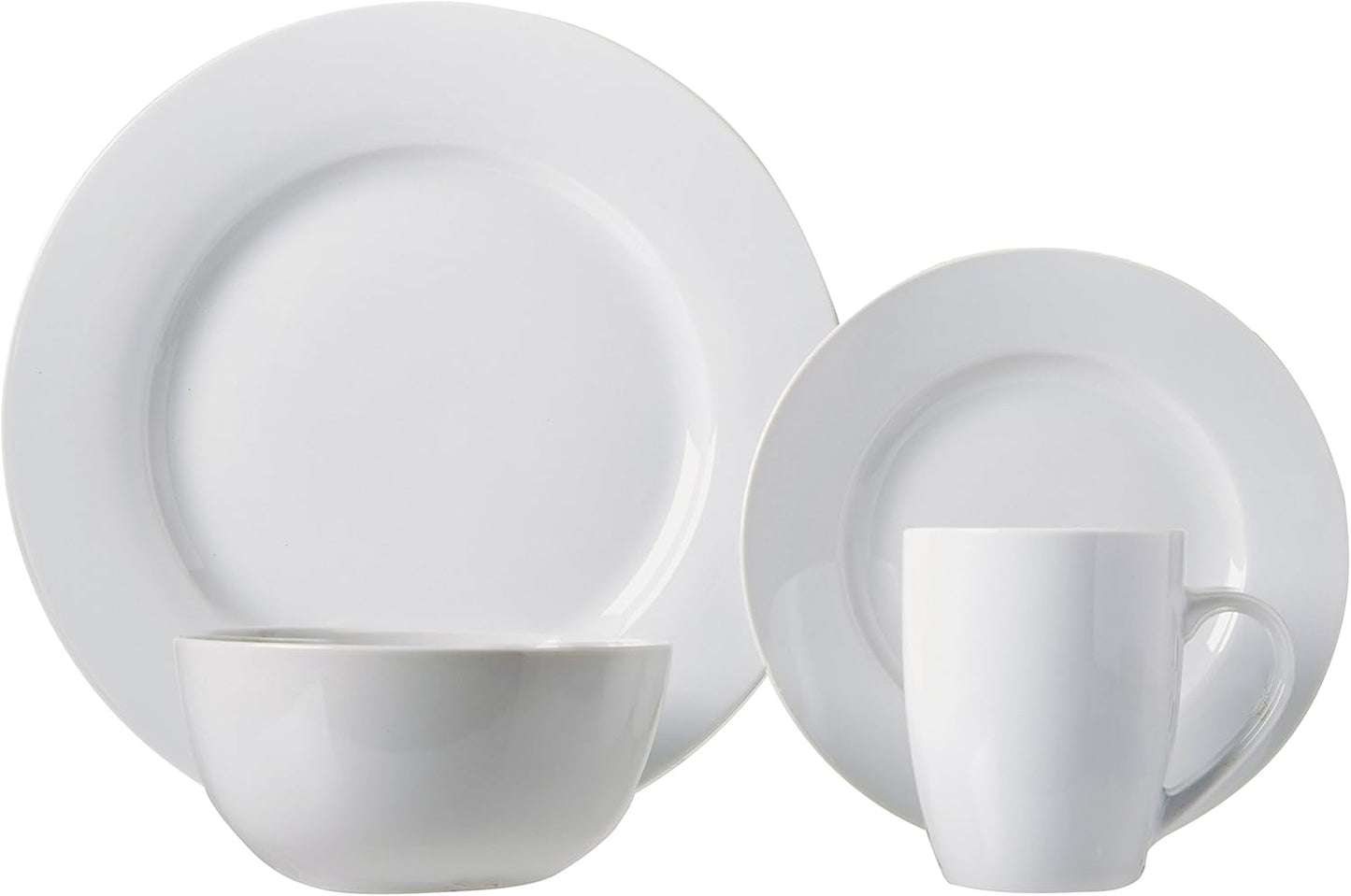 Amazon Basics 16-Piece Porcelain Dinnerware Set, Microwave and Dishwasher Safe, Service for 4, Plates, Bowls and Mugs, White