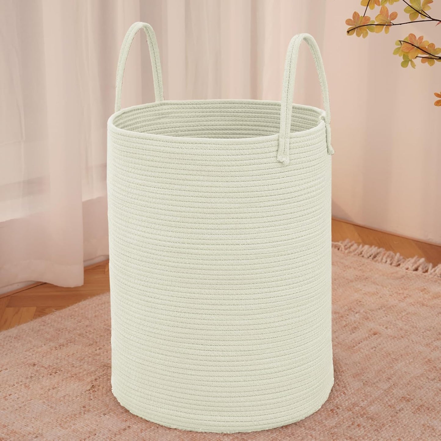 JMvicyroam Large Woven Laundry Basket Hamper,60L Cotton Rope Storage Bin for Blankets,Toys and Clothes,Decorative Tall Nursery Hamper for Living Room,Baby Nursery,Bathroom and Bedroom,Dark Green