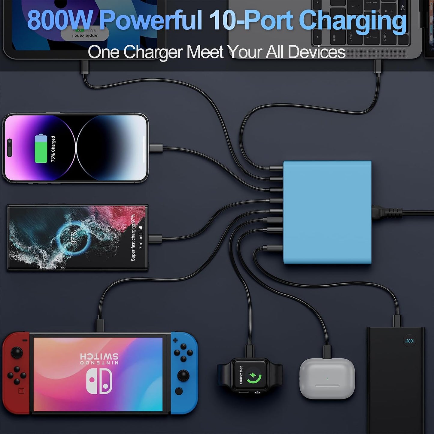 800W USB C Charger Block,10-Port Charging Station | Aexhend GaN Fast Charging Type C & USB A Wall Charger Adapter for MacBook Pro/Air,iPhone,iPad,Dell XPS,Samsung Galaxy(Blue)