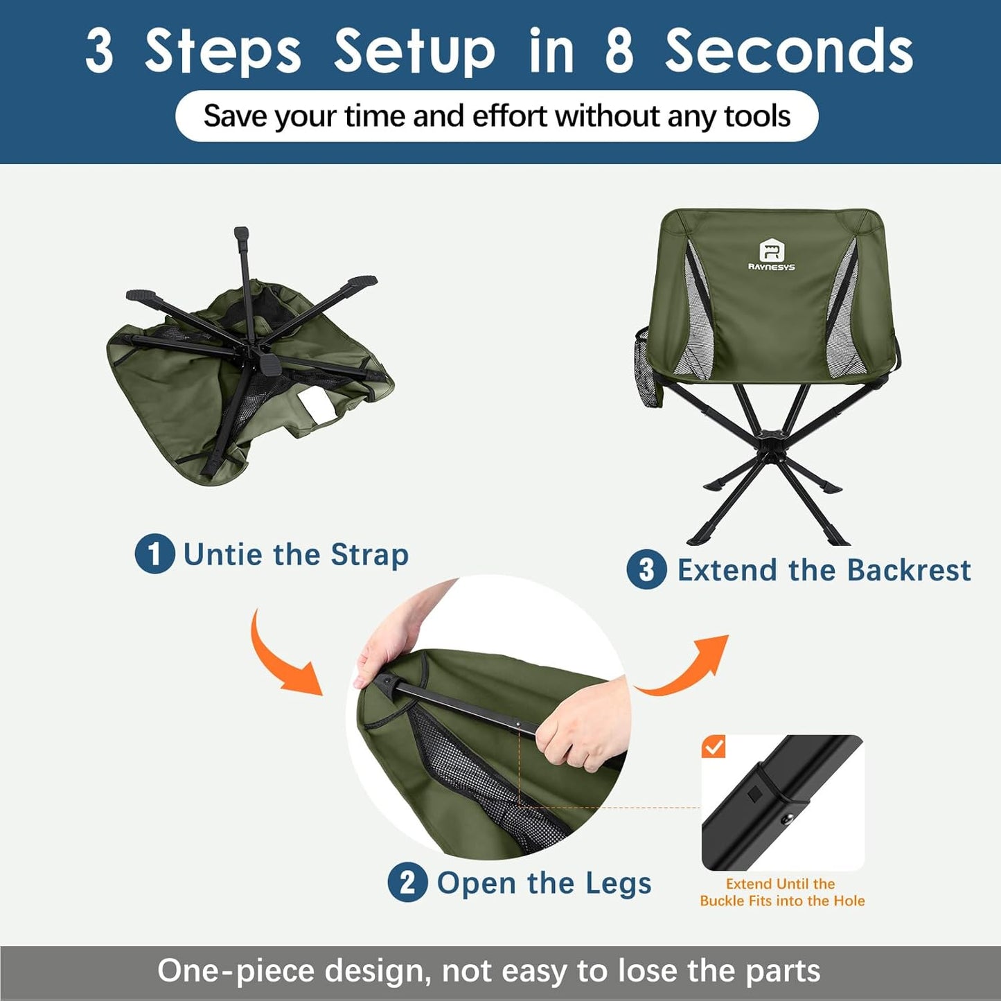 Raynesys Portable Camping Chair 1 Pack, 8 Seconds Quick Setup Folding Camping Chair, Flexible 360° Rotation, 3.8Lb Lightweight Travel Chairs for Easy Carry to Hiking, Sporting, Beach, Army Green