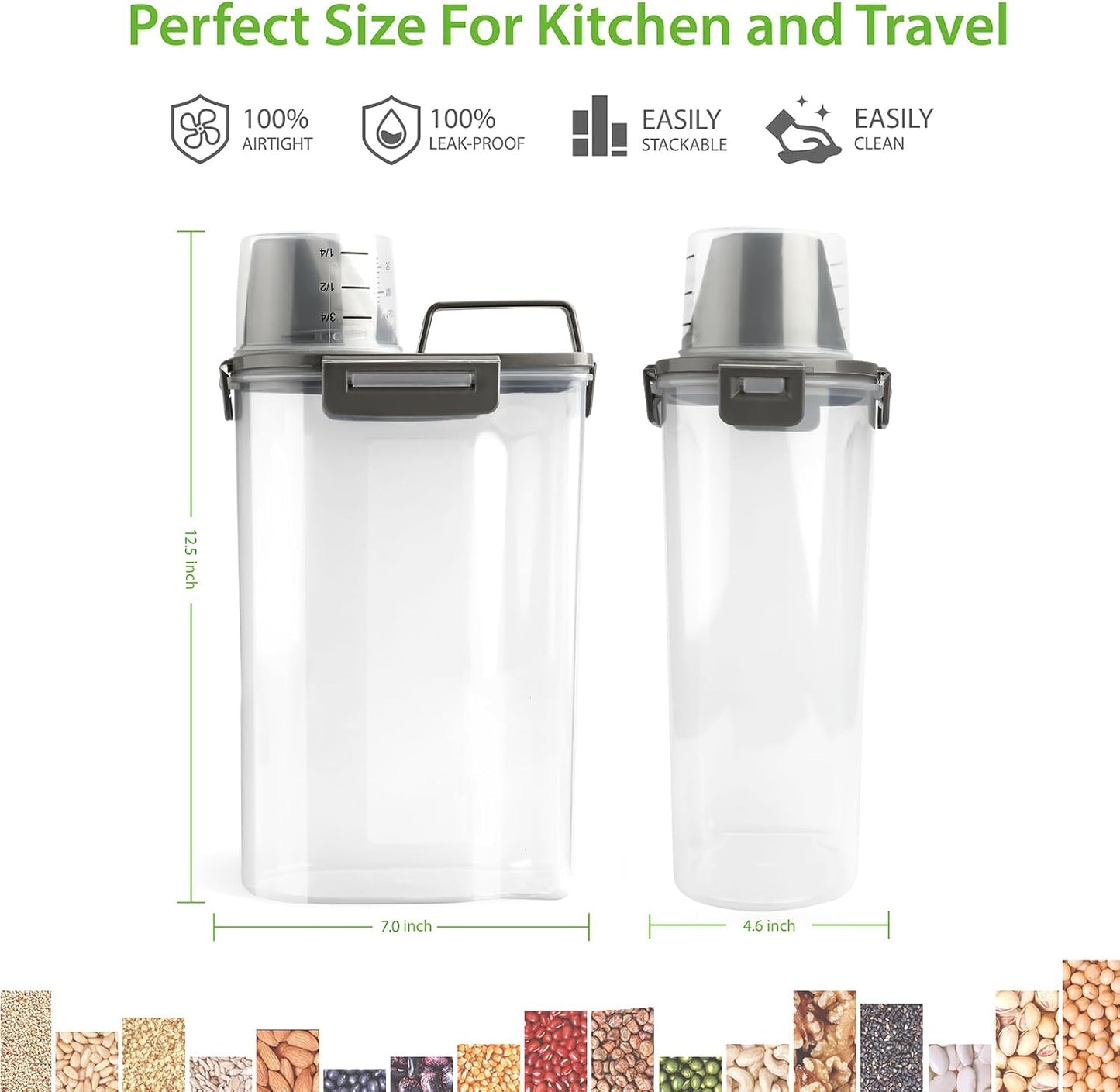 Viretec Rice Airtight Storage Container, 3 to 5Lbs Cereal Dry Food Flour Bin, Pet Dog Cat Food Dispenser with Measuring Cup, BPA Free Clear Plastic Kitchen and Pantry Organization Bin for Sugar