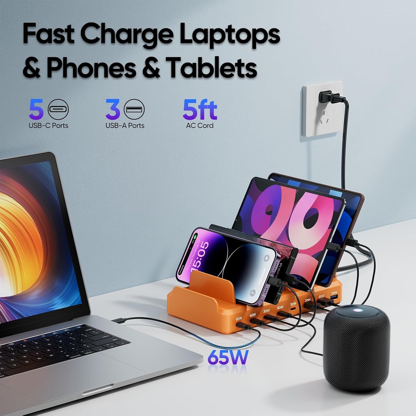 300W Charging Station for Multiple Devices, 8 Port Multi USB C Fast Charger Station Dock for MacBook iPhone 16/15/14/13/12 Samsung Pixel Series iPad, Orange (6 Mixed Short Cables Included)