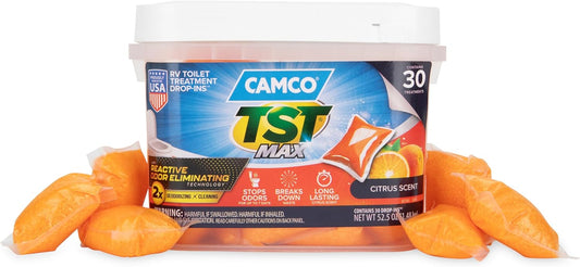 Camco TST MAX RV Toilet Treatment Drop-INs - Control Unwanted Odors & Break Down Waste and Tissue - Safe Septic Tank Treatment - Orange Scent, 30-Pack (41183)