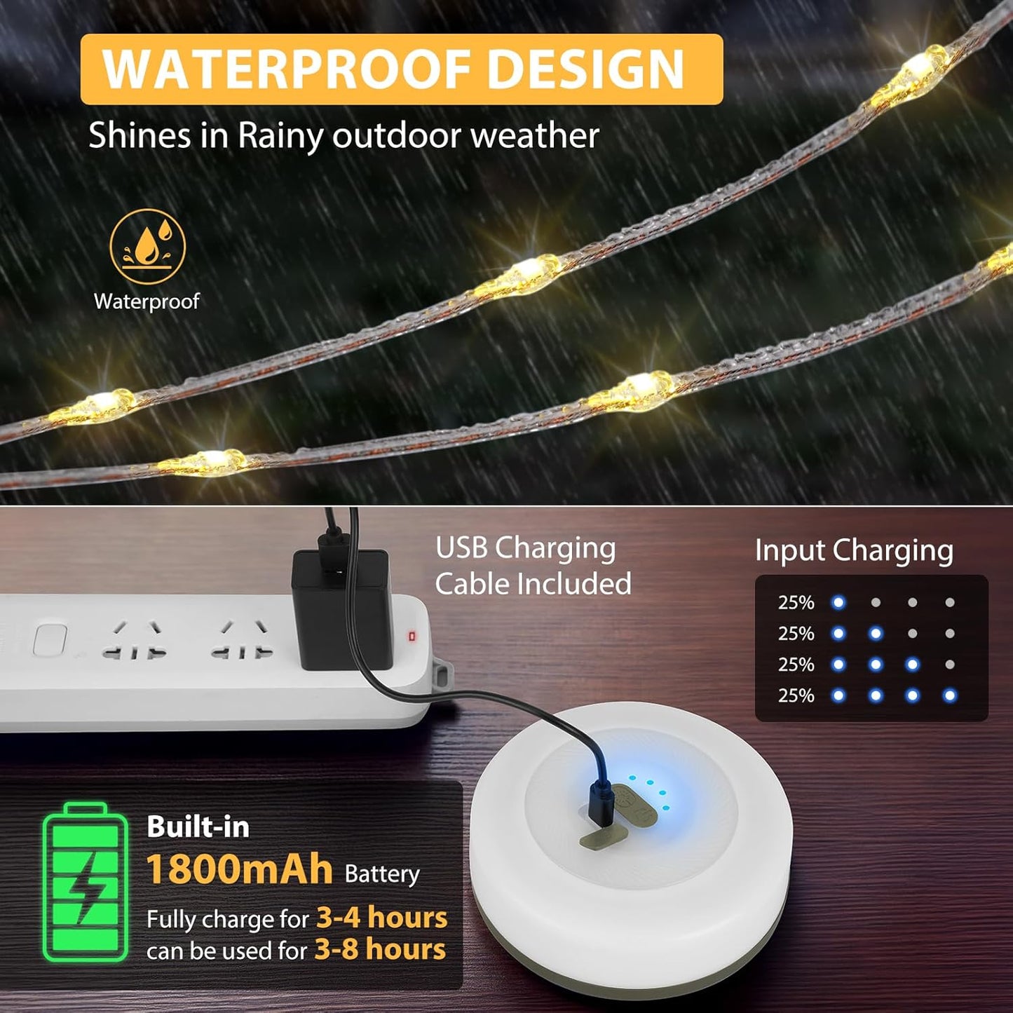 Camping String Lights, 4 in 1 Quick Storage 32.8FT Rechargeable Tent Lights with 9 Lighting Modes, Hanging Waterproof Portable LED Lamp for Outdoor Patio Awning Garden Party Camping Essentials Gear