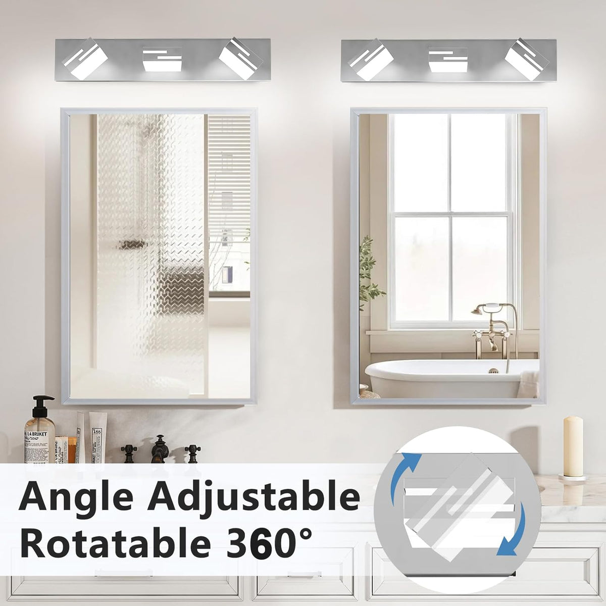 LED Modern Bathroom Vanity Light Fixtures, Dimmable Chrome Vanity Lights for Bathroom Lighting Fixtures Over Mirror, with 360° Rotatable Heads 3-Light 22-inch (Cool White 6000K)