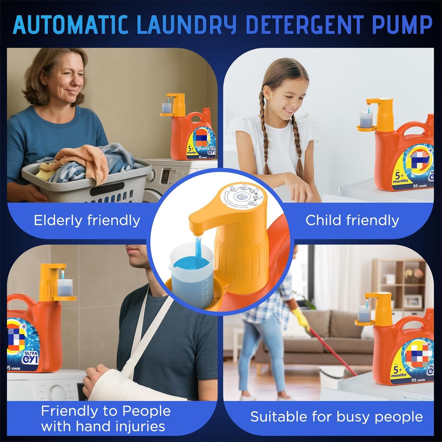 Arlion Detergent Dispenser, Auto Laundry Detergent Dispenser with Silicone Washable Laundry Measuring Cup Graduated Cup, No Waste, USB Rechargeable, Ideal for Laundry Room Organization (Yellow)