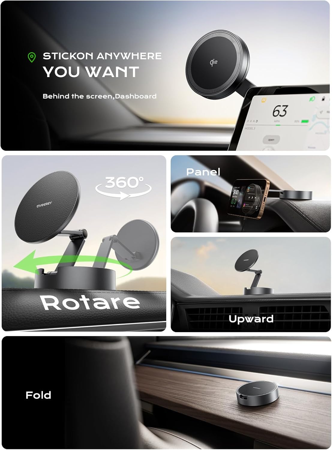 THREEKEY Magnetic Car Mount Charger Lite Qi2 15W Fast Wireless Charging | Compatible with iPhone 17-12|Galaxy S26-S25 Ultra,Retractable holder, 360° Adjustable,Strong magnetic