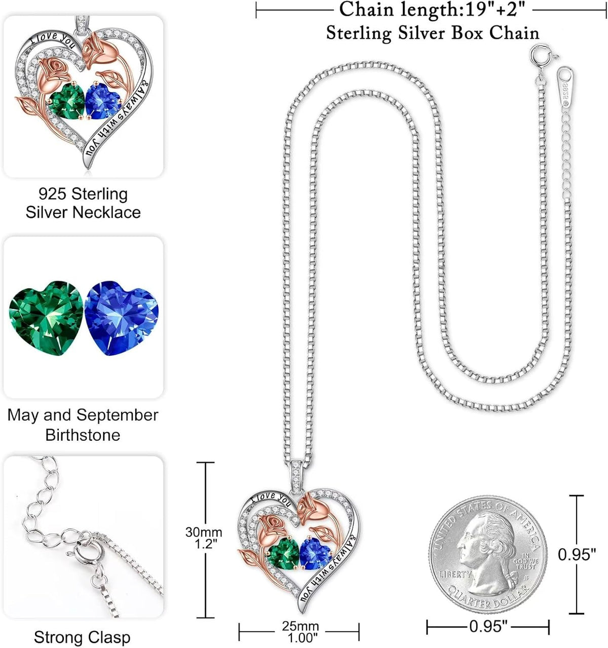 Iefil Birthstone Necklace for Women - Rose Heart Necklace