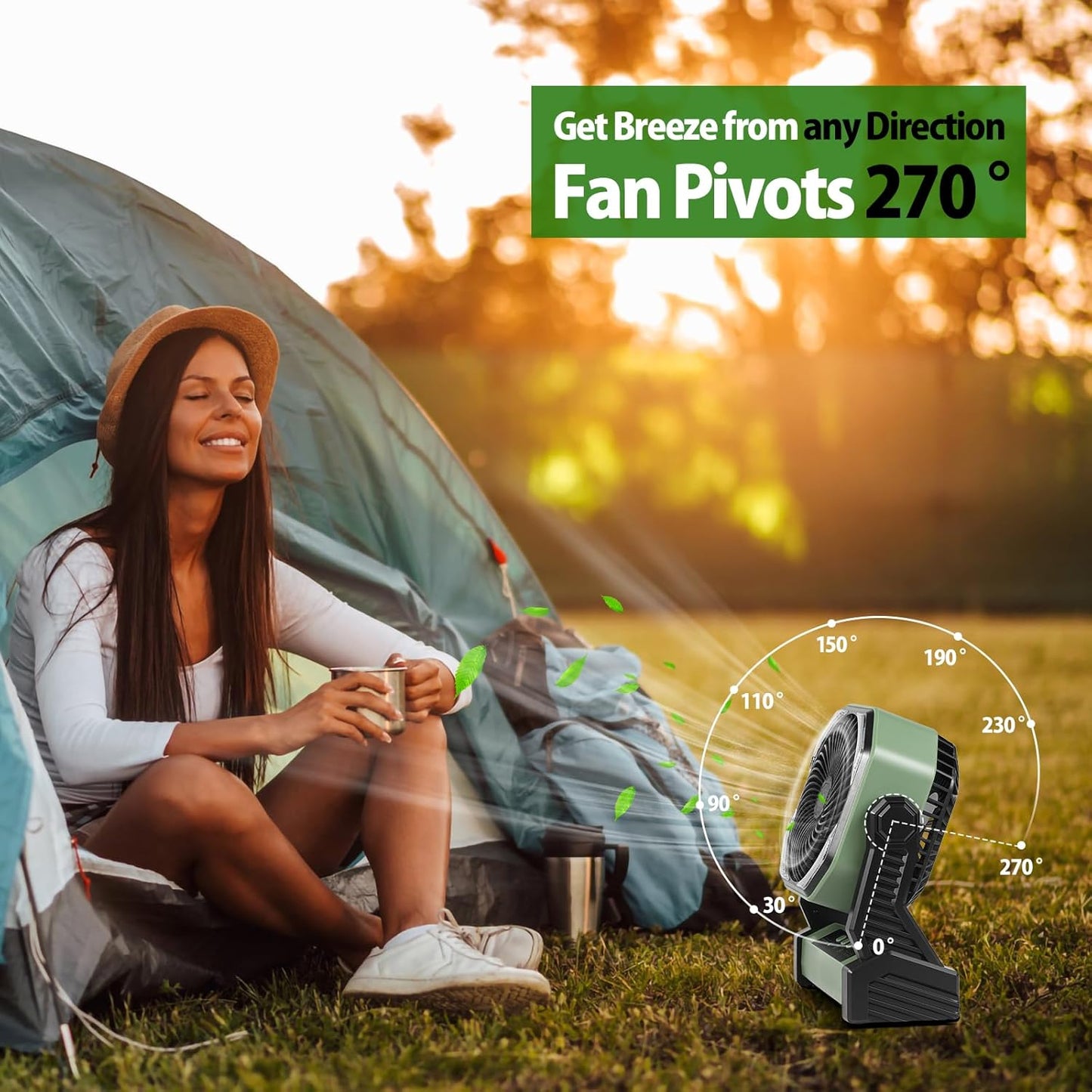 20000mAh Battery Powered Camping Fan, 58Hrs Rechargeable Portable Fan, 400LM Light, 360° Hook, Whisper Quiet Battery Operated Fan for Outdoor Car Travel Gear Essentials Power Outages Co-brand AMACOOL