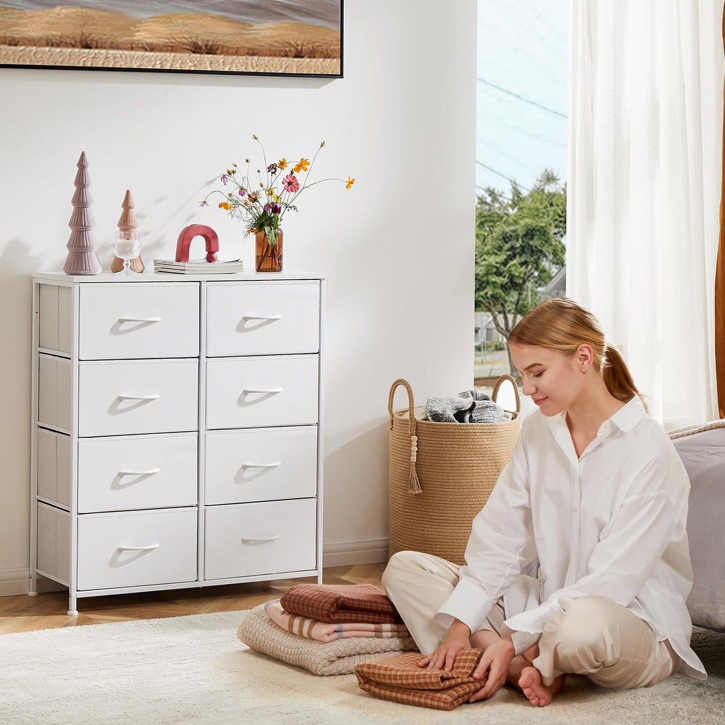 OLIXIS 8 Drawer Storage Dresser with Wood Top - Wide Fabric Chest Organizer for Bedroom, Closet, Living Room,Tower Cabinet, TV Stand, Hallway Entryway Furniture,White