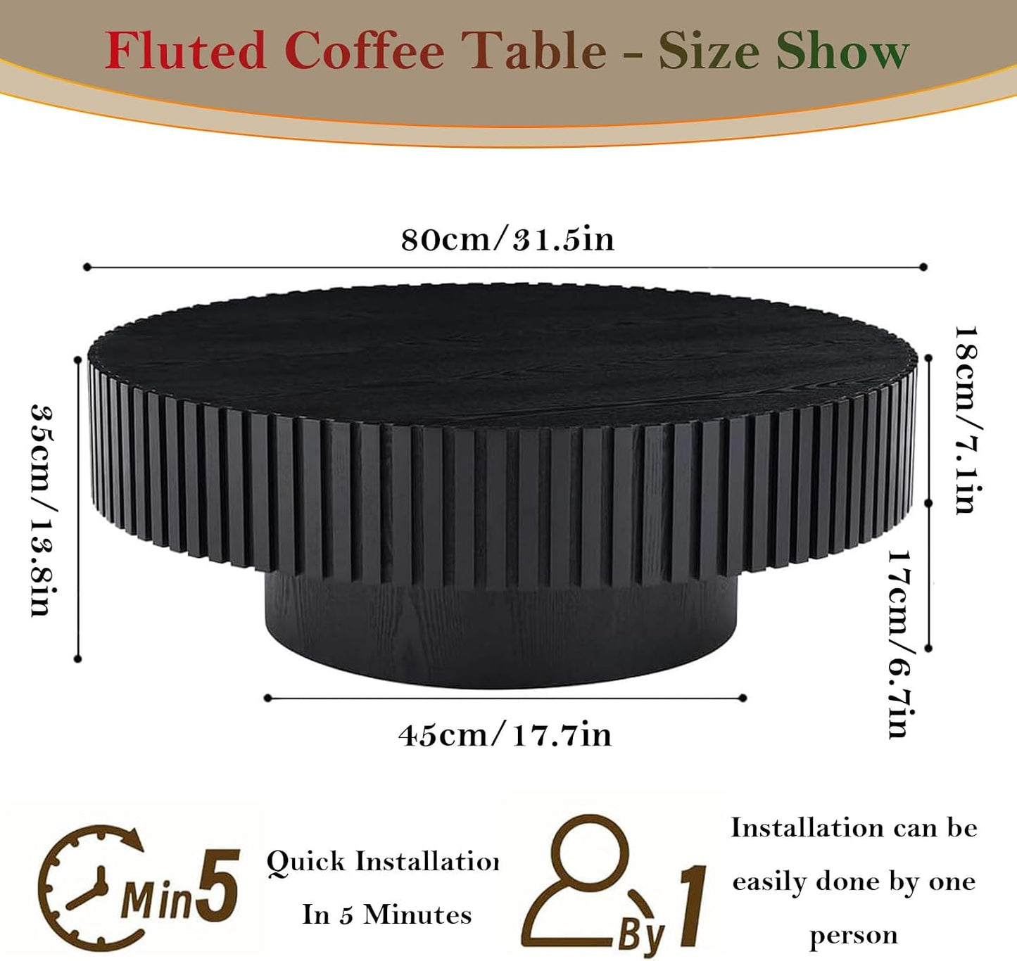 Black Circular Fluted Coffee Table (Round Black 31.5in) | Mid Century Circle Center Tables for Living Room | Chic Round Drum End Table for Small Space | Easy Assembly