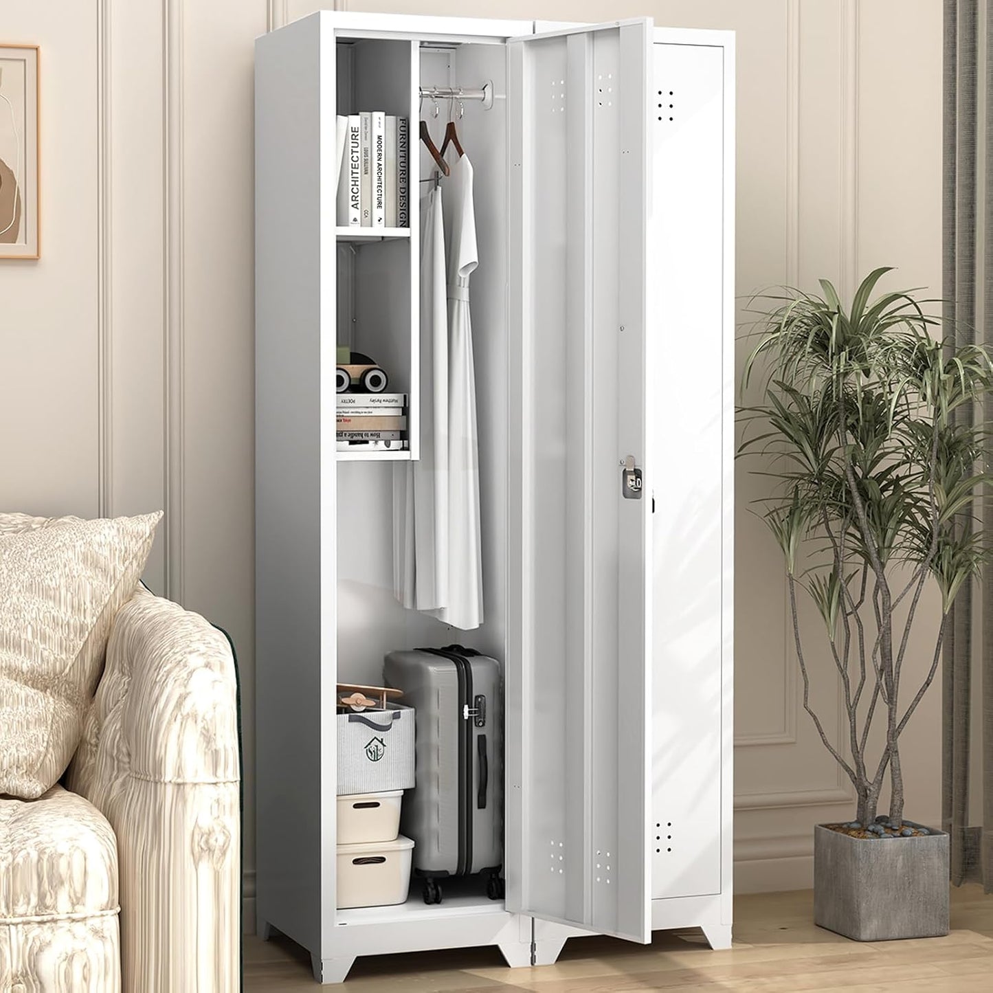 LUCYPAL Broom Closet Storage Cabinet,65" H Metal Cleaning Tool Cabinets with Hooks and Hanging Rods,Slim Utility Closet Cabinet for Garage,Utility Room,Gym,Mops,Kitchen,White