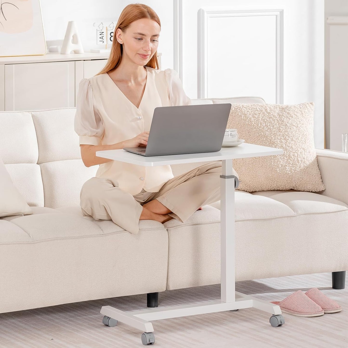 GTPLAYER Small Standing Desk, 24 Inches Mobile Rolling Laptop PC Table with Lockable Casters, Adjustable Height Overbed Bedside Table Computer Workstation for Home Office, White-Fixed