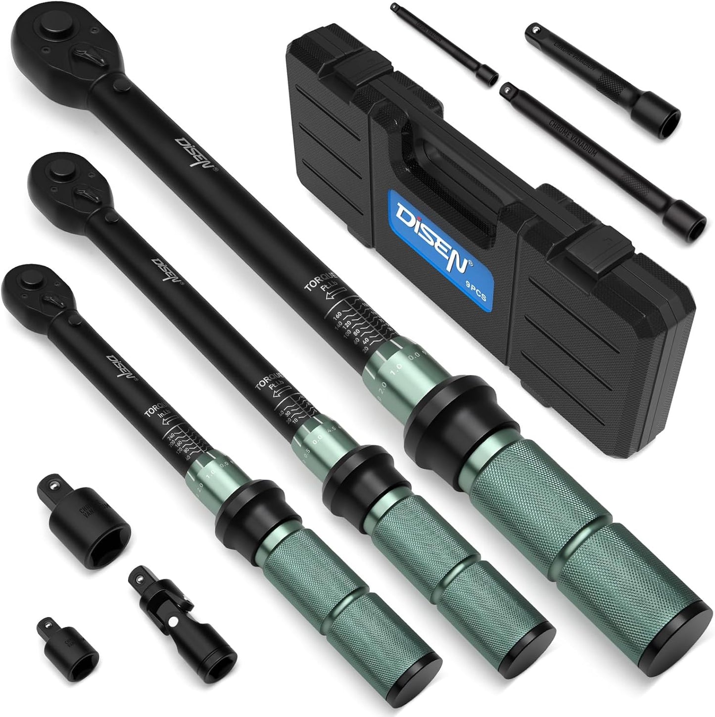 DISEN 9PCS Click Torque Wrench Set 1/4" 3/8" 1/2" Drive 20-220 In.lb, 5-45 Ft.lb, 10-170 Ft.lb with 6 Adapters, ±3% Accuracy, 72-Tooth, Dual Scale, Storage Case for Bike, Motorcycle, Car, Truck Repair