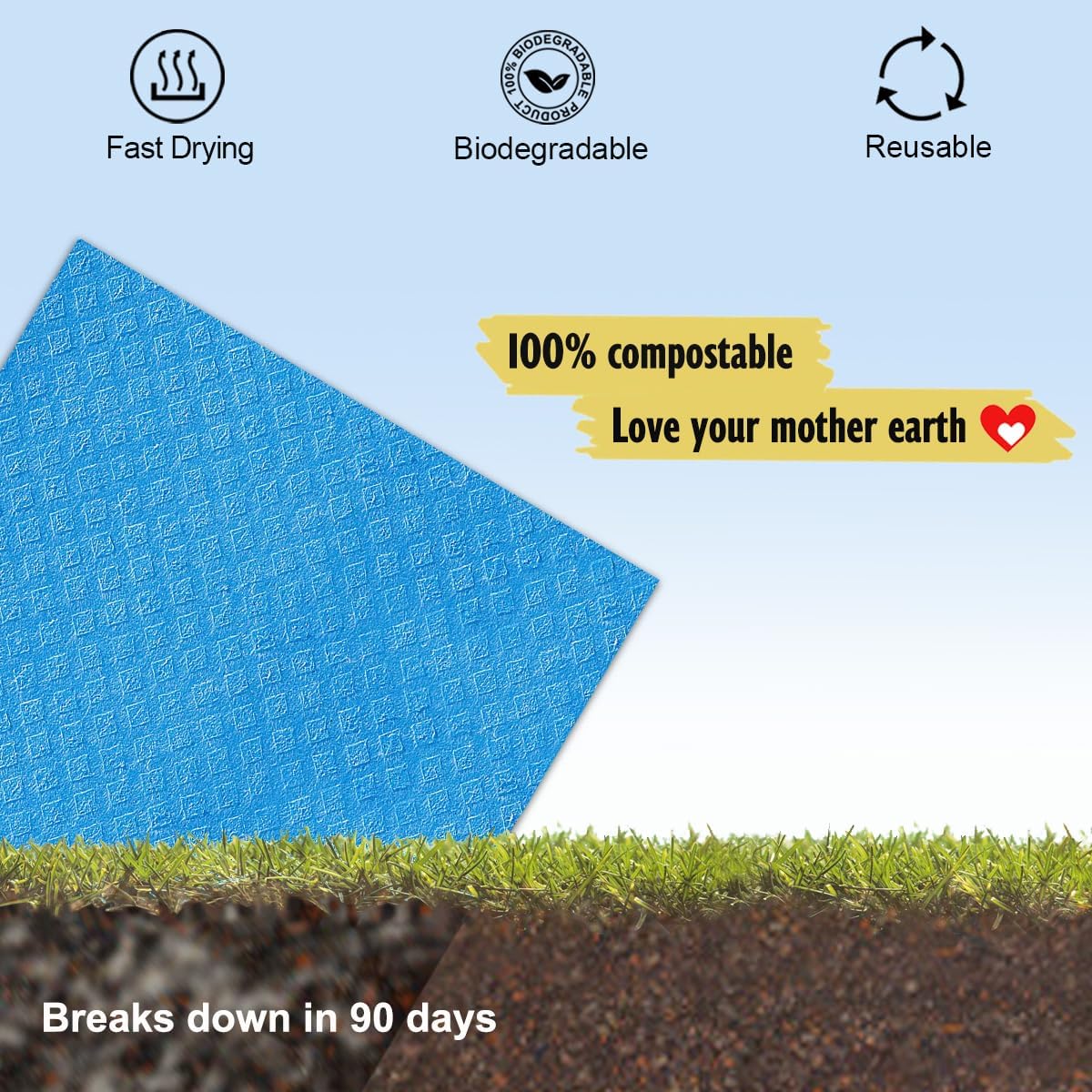 MoLKENE Swedish Dishcloths - 10 Pack Reusable Kitchen Dishcloths - Ultra Absorbent Dish Towels for Washing Dishes - Cellulose Sponge Cloth Cleaning Cloths - Blue