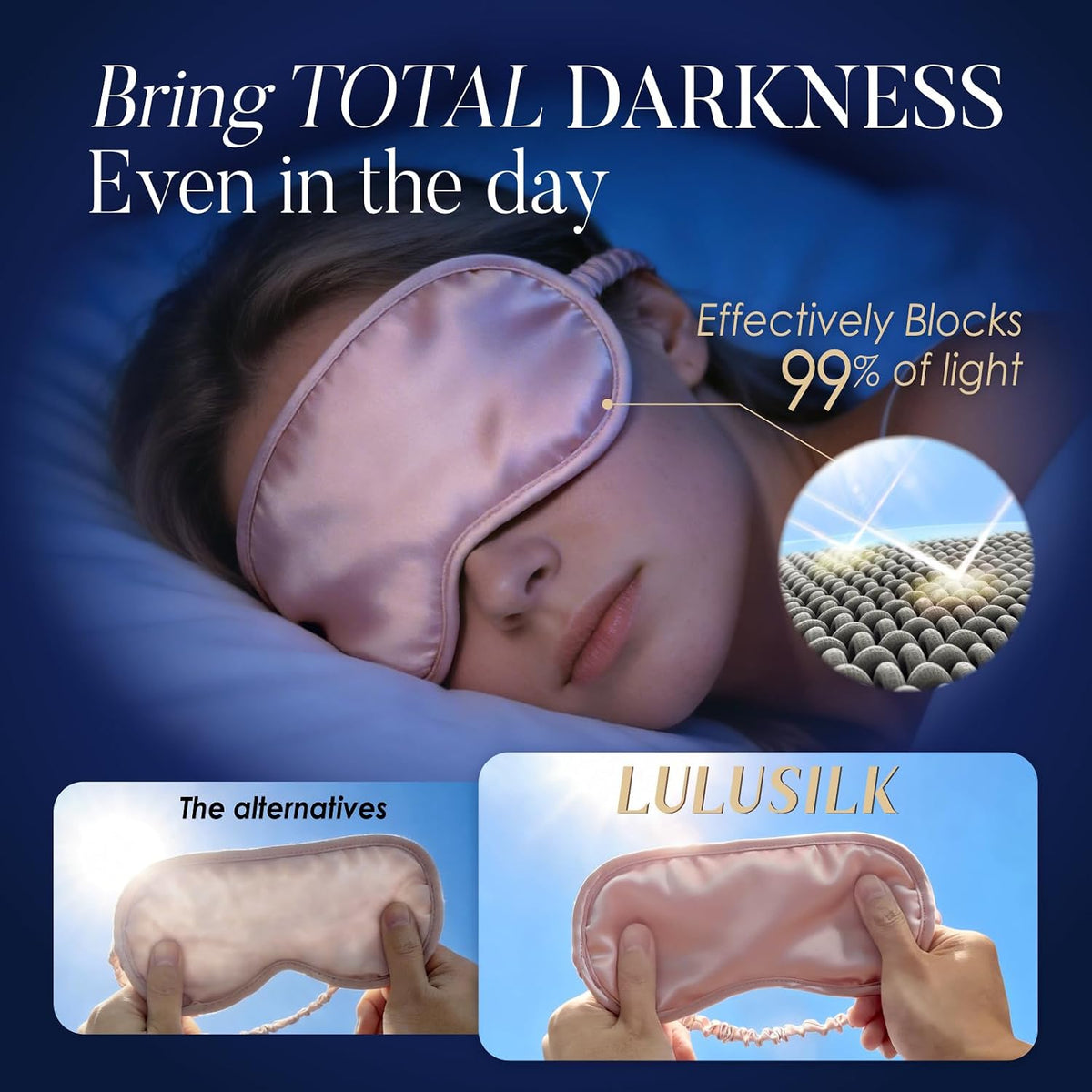 LULUSILK Mulberry Silk Sleep Eye Mask for Sleeping Women and Men, Navy Blue