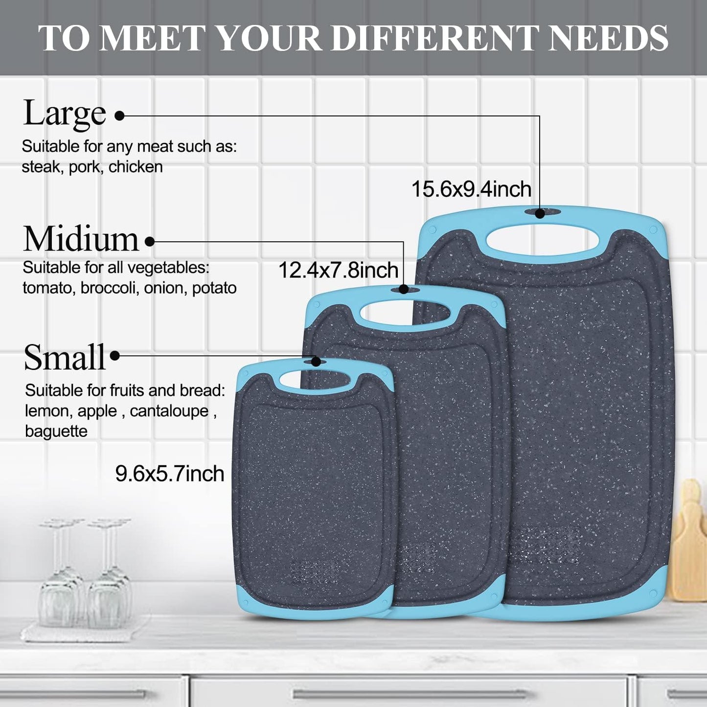 Plastic Cutting Board, 3 Pieces Dishwasher Safe Cutting Boards with Juice Grooves, Easy Grip Handle, Non-Slip, with Grinding Area for Grinding Garlic and Ginger（aqua）