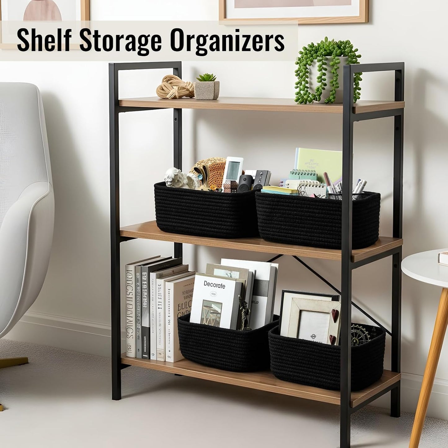 8 Pack Small Storage Baskets for Organizing, Woven Rope Bins for Bathroom, Closet, Shelf Organizer, Cute Cube Decorative Box for Towels, Baby Nursery, Toys, Gift Empty Baskets - 11.5"x7.5"x4.7"-Black