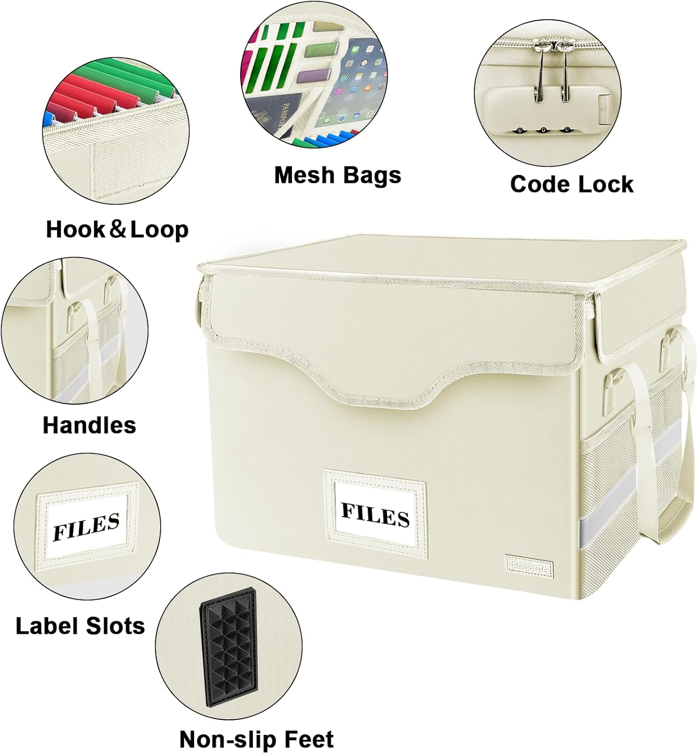 DocSafe Fireproof Document Box with Lock,File Storage Organizer with Zipper Pockets,Collapsible Portable File Box Home Office Safe Filing Cabinet with Handle for Hanging Letter/Legal Folders,Beige
