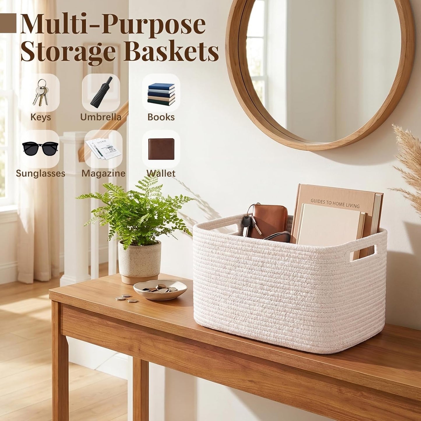 OIASKET 4Packs Natural Cotton Rope Storage Baskets for Organizing Toys, Clothes, Towels & Books, Soft Versatile Organizers for Shelves, Home Decorative Bins, 13''Lx9''Wx7.8''H, White