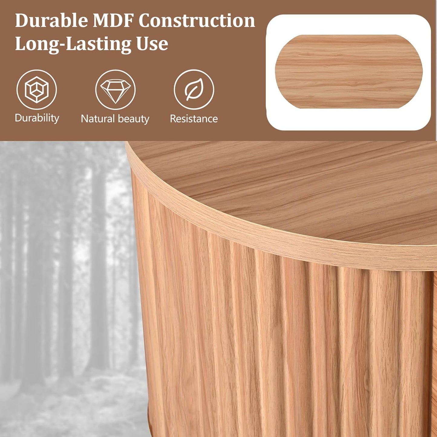 47.2" Lift Top Coffee Table with Hidden Compartment, Modern Oval Fluted Wooden Center Table Cocktail Tea Table with Curved Safety Corners and Adjustable Height for Living Room, Light Brown