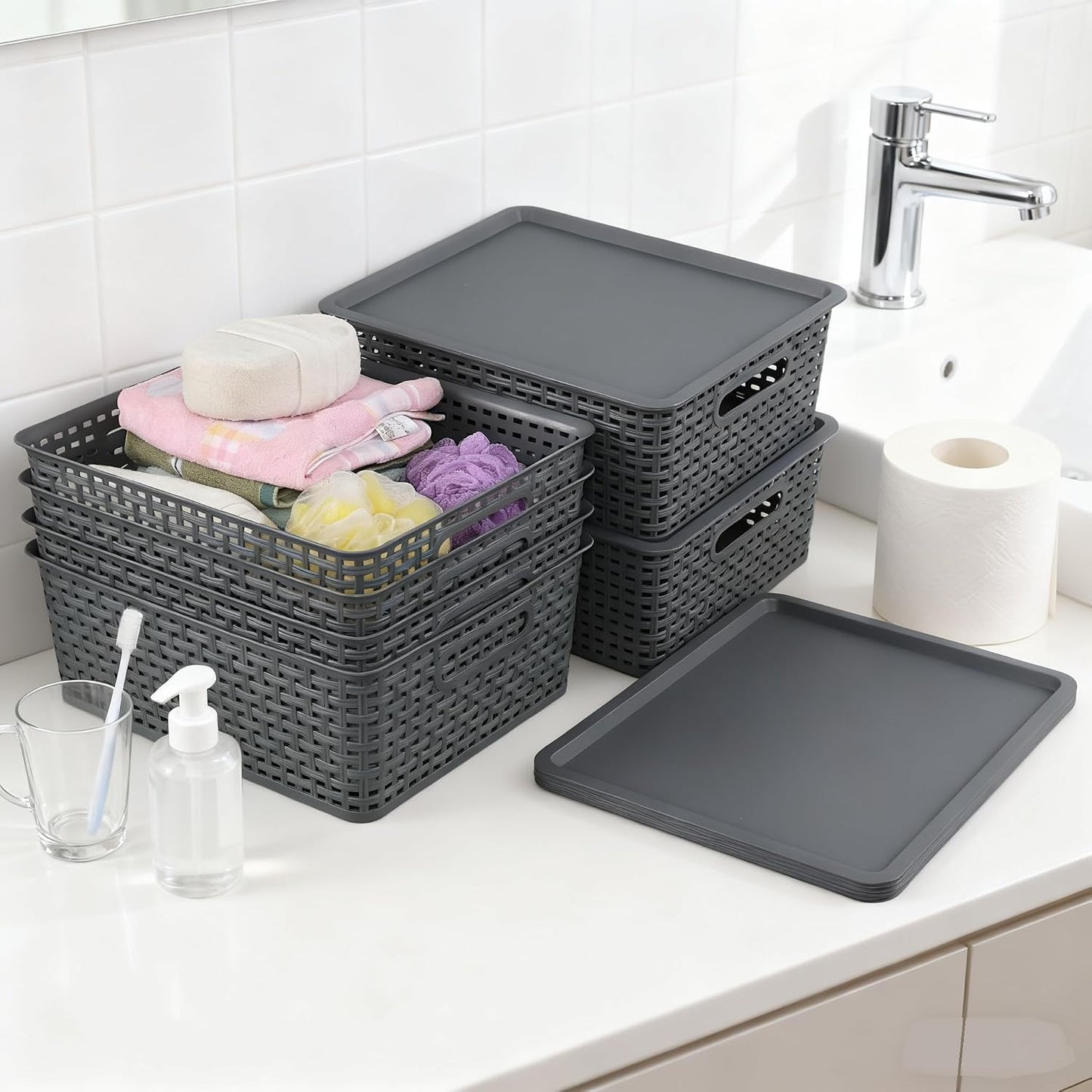 Xyskin 6-Pack Weave Storage Baskets with Lids, Stackable Storage Bins