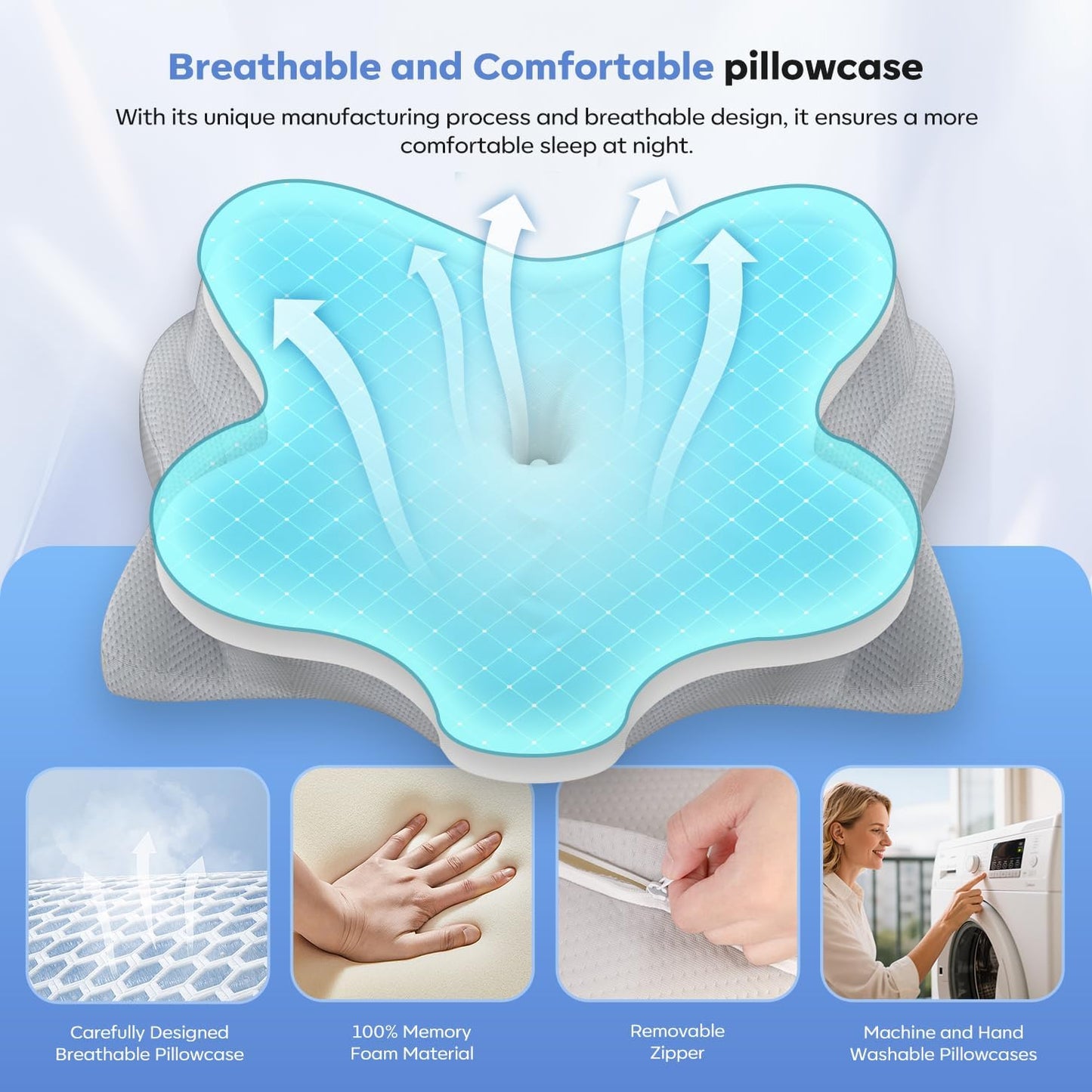 Cervical Neck Pillow, Ergonomic Memory Foam Pillows for Neck Pain Relief with Breathable Pillowcase, Adjustable Contour Neck Support Pillow for Side Back Stomach Sleepers, Odorless