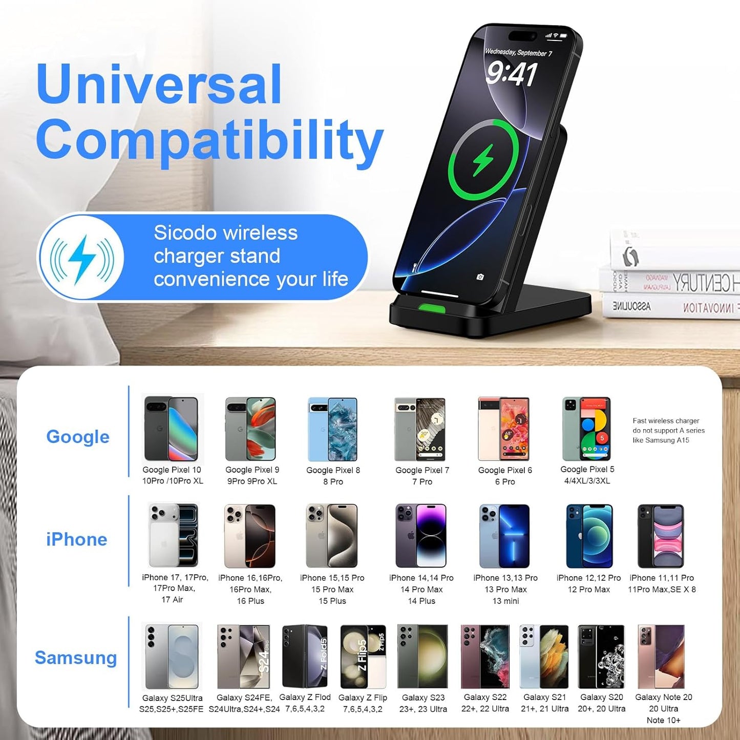 for Google Pixel Wireless Charging Stand for Pixel 10/10 Pro/10 Pro XL/9a/9 Pro/9 Pro XL/8/8 Pro/7/7 Pro/6/6 Pro/5, Android Wireless Phone Charger Fast Charging Station for Samsung S25 Ultra/S24 Plus