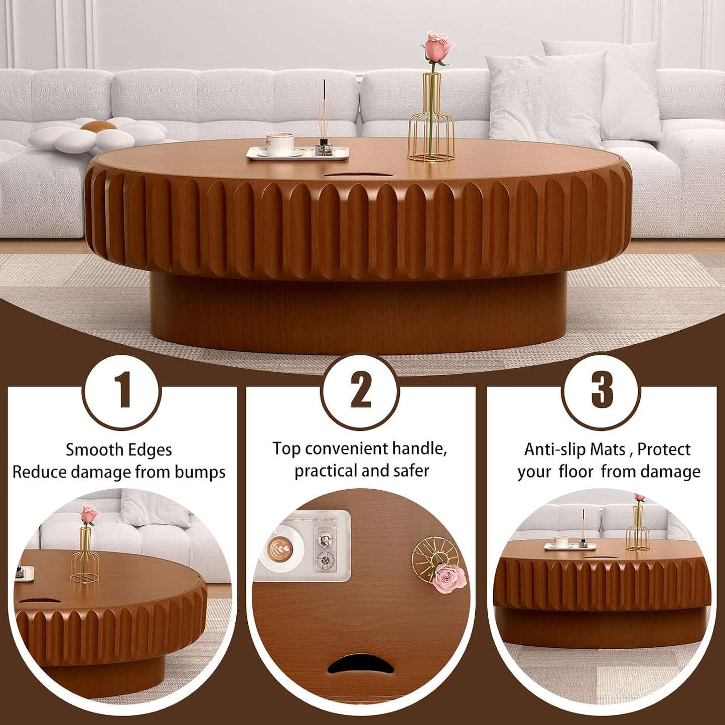 43.3" Oval Fluted Coffee Table with Hidden Storage (Brown 43.3) | Oval Wooden Coffee Table with Solid Wood Veneered, Gear Center Table, Drum Tea Table for Living Room Apartment