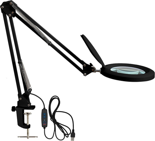 Neatfi LED Magnifying Lamp with Clamp | 2.25x Magnification | 120 SMD LEDs | 1,200 Lumens | 12W | Adjustable Color Temperature Desk Lamp Magnifier (Black-3, 5-Diopter)